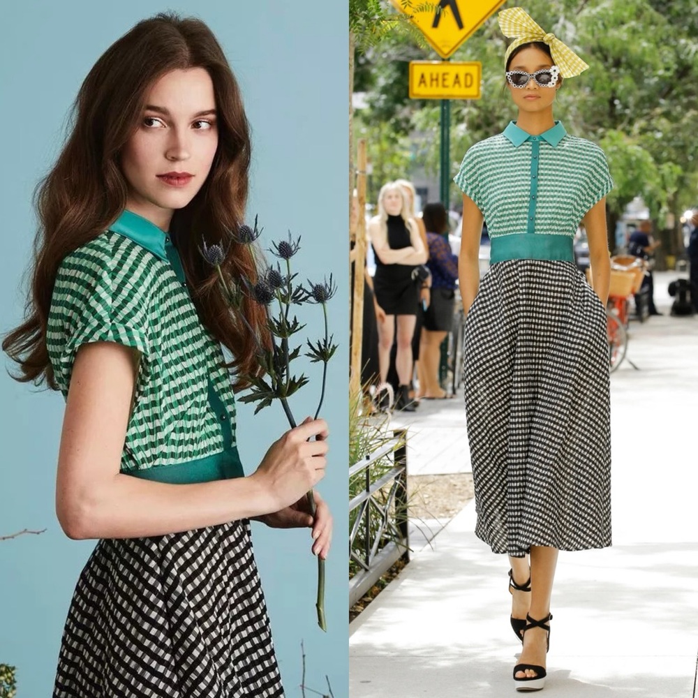 $1495 LELA ROSE Gingham Crinkled Voile Midi Dress Green Black size 2